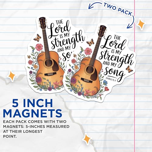 (2 Pack) The Lord is My Strength Magnets - Guitar Art - Inspirational Quote - Religious Floral - Butterfly Motif - 5" On Longest Side - for Cars, Fridges, Toolboxes - Made in USA - MAG6592