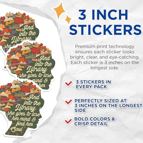 (3 Pack) Library Lover Decals - Bookish Vinyl - Reader Inspiration - 3 Inches On Longest Side - Easy Peel & Apply - Made in USA - 3MCS2967