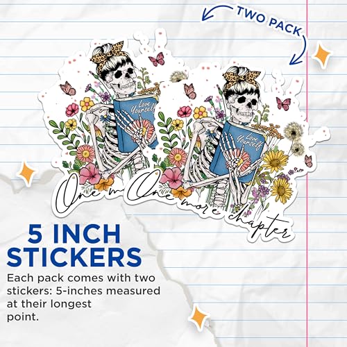 (2 Pack) Skeleton Reading Stickers - Floral Skeleton Book Lover Stickers - Love Yourself Quote Decal - 5" On Longest Side - Sticks to Any Smooth Flat Surface - Made in USA - BMCS3036