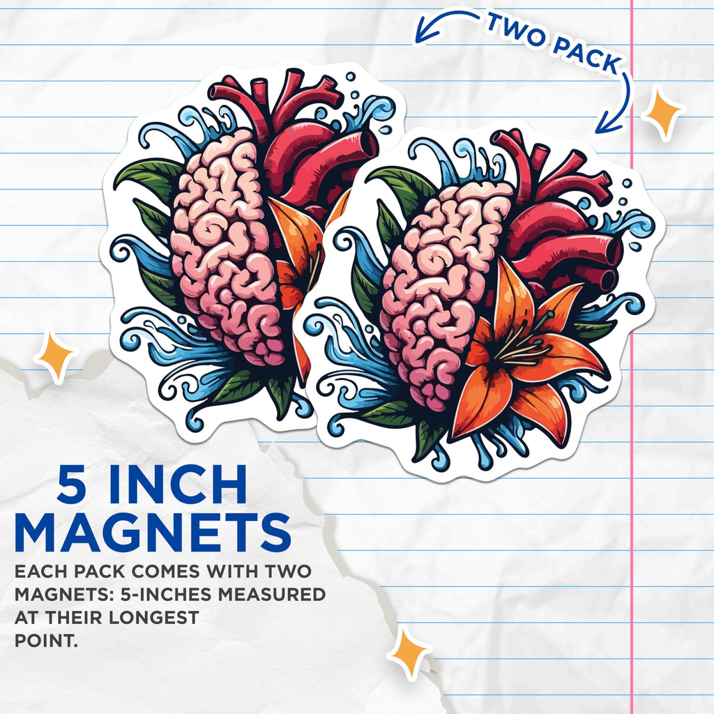 (2 Pack) Brain Heart Flower Art Magnets - Mind Emotion Harmony Graphic Design - Spiritual Philosophy Nature Decor Display - 5 Inches On Longest Side - Thick Durable Magnet - Made in USA - MAG19812