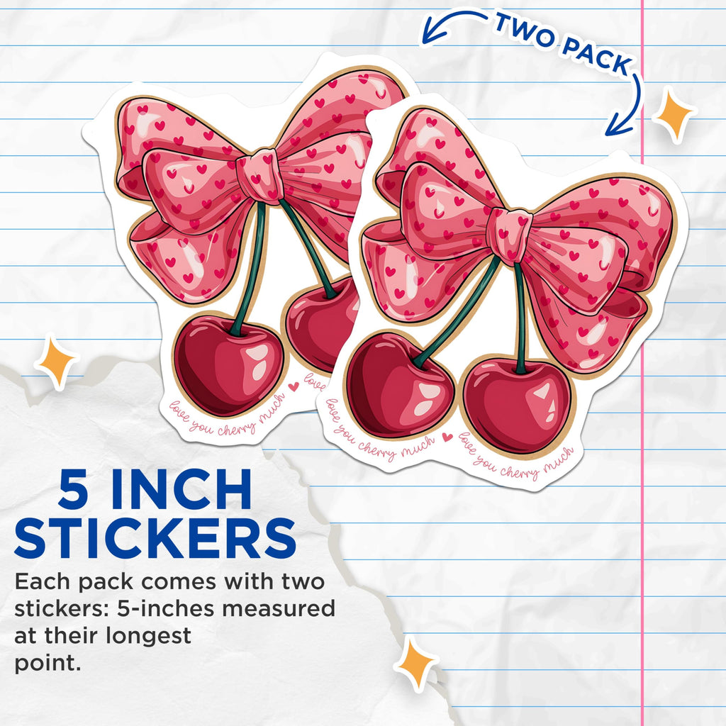 (2 Pack) Love You Cherry Much Stickers - Heart Pattern Bow Stickers - Cute Cherry Stickers for Laptops - 5" On Longest Side - Sticks to Any Smooth Flat Surface - Made in USA - BMCS3524