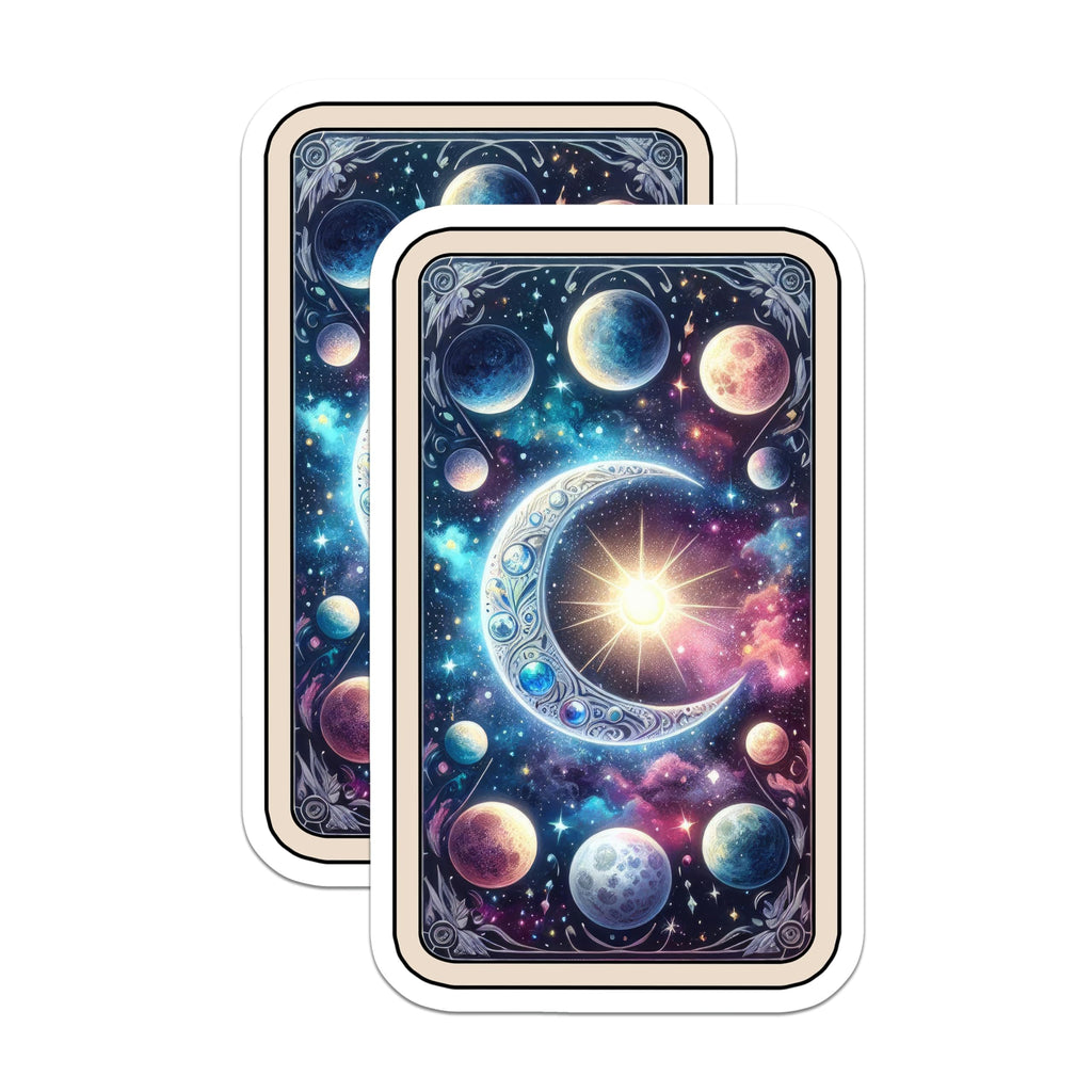 (2 Pack) Cosmic Moon Star Stickers - Celestial Planets Space Decor - Mystical Tarot Galaxy Universe Artwork - 5" On Longest Side - Sticks to Smooth Flat Surfaces - Made in USA - BMCS21133