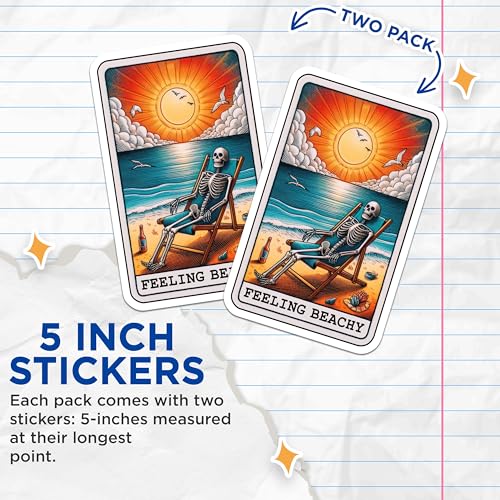 (2 Pack) Feeling Beachy Stickers - Skeleton on Beach Stickers - Summer Vibes Stickers - 5" On Longest Side - Sticks to Smooth Flat Surfaces - Made in USA - BMCS4864