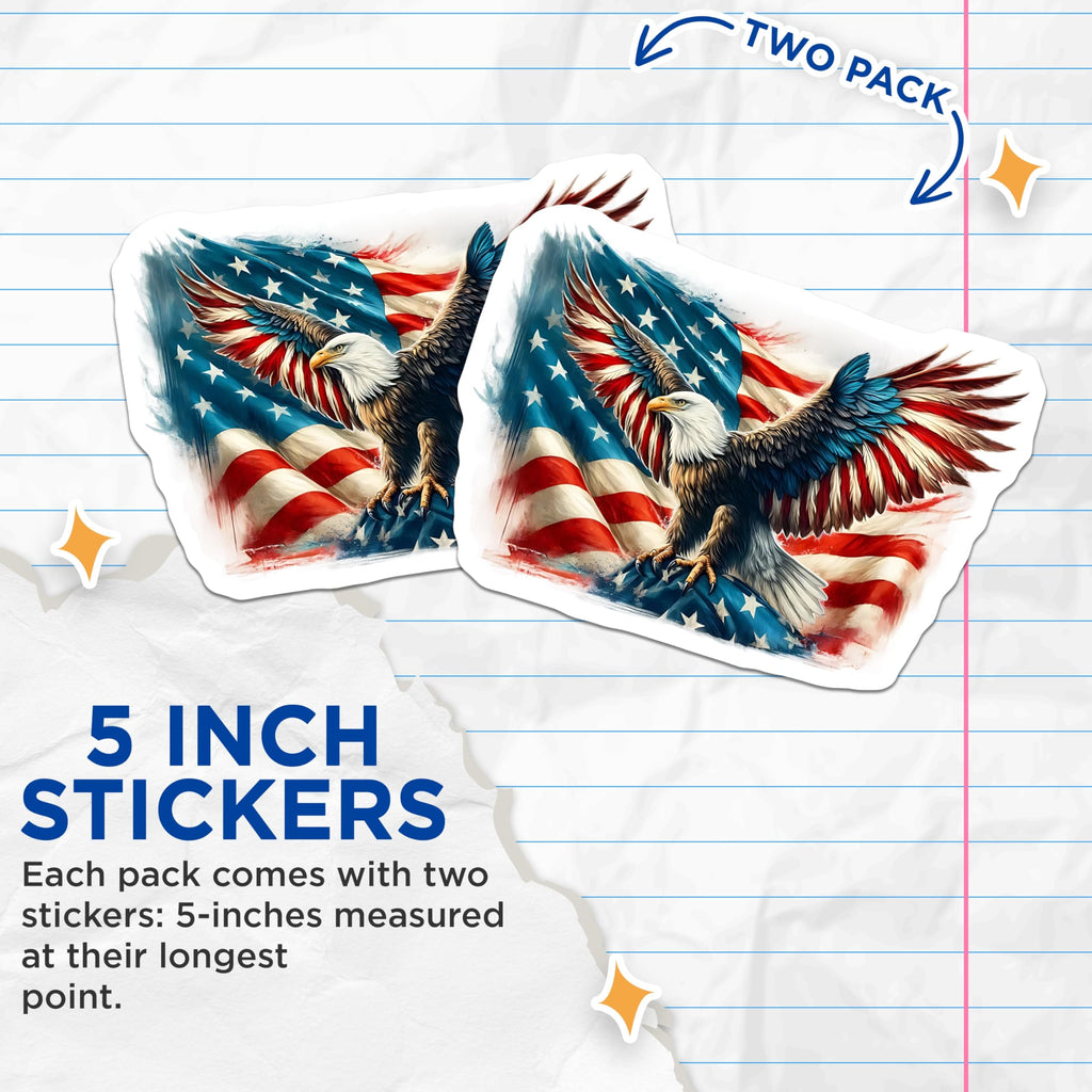 (2 Pack) American Eagle Stickers - Patriotic Stickers - USA Flag Stickers - 5" On Longest Side - Sticks to Smooth Flat Surfaces - Made in USA - BMCS15734