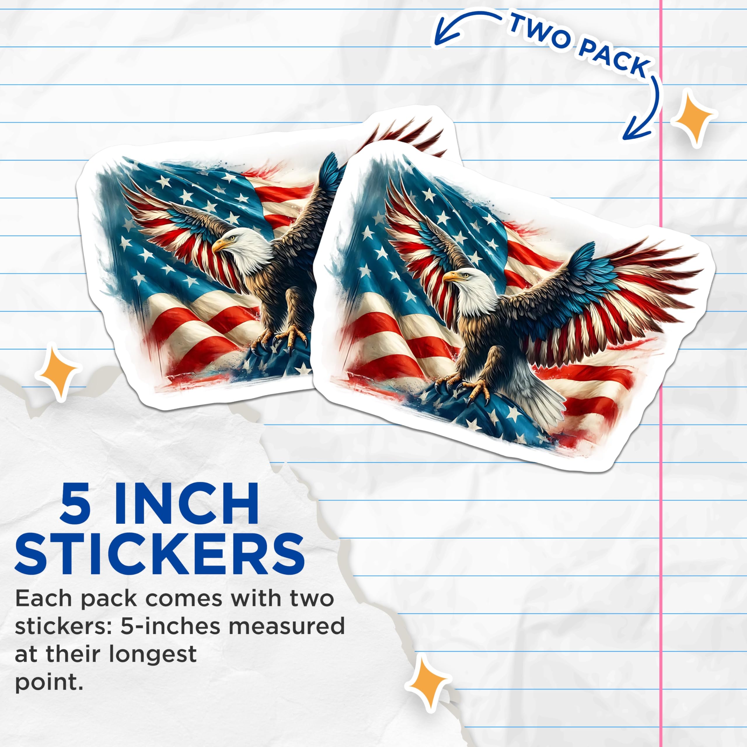 (2 Pack) American Eagle Stickers - Patriotic Stickers - USA Flag Stickers - 5" On Longest Side - Sticks to Smooth Flat Surfaces - Made in USA - BMCS15734