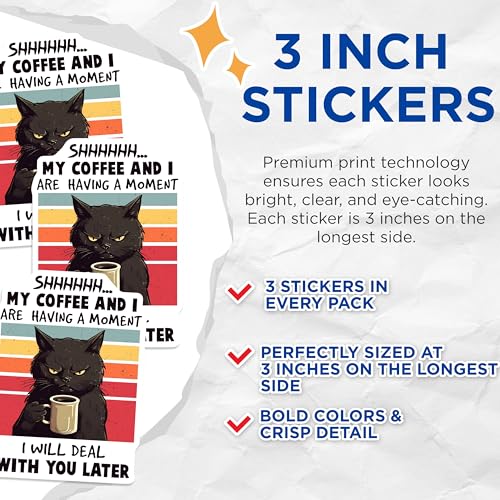 (3 Pack) Funny Cat Coffee Decals - Grumpy Cat - Coffee Lover - Laptop Decals - Sarcastic - 3 Inches On Longest Side - Easy Peel & Apply - Made in USA - 3MCS6593