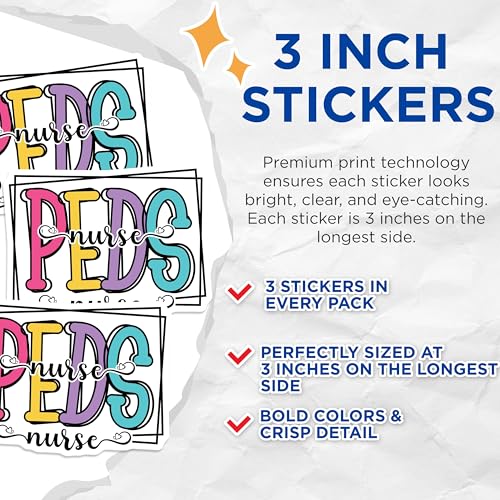 (3 Pack) Peds Nurse Decals - Pediatric Nurse Stickers - Nursing School Decor - 3 Inches On Longest Side - Easy Peel & Apply - Made in USA - 3MCS7907