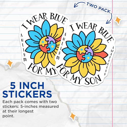 (2 Pack) I Wear Blue for My Son Stickers - Autism Awareness Stickers - Support Autism Stickers - 5" On Longest Side - Sticks to Smooth Flat Surfaces - Made in USA - BMCS5089