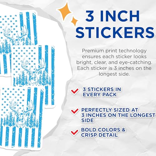 (3 Pack) Deer Hunter American Flag Decals - Buck Hunting Decal - Patriotic Decals - 3 Inches On Longest Side - Easy Peel & Apply - Made in USA - 3MCS4330