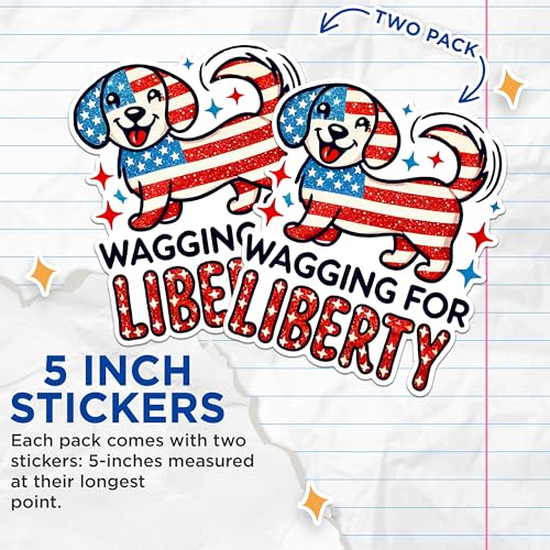 (2 Pack) Wagging for Liberty Stickers - Patriotic Dog Stickers - American Flag Dog Stickers - Fun Dog Stickers - 5" On Longest Side - Sticks to Any Smooth Flat Surface - Made in USA - BMCS2711