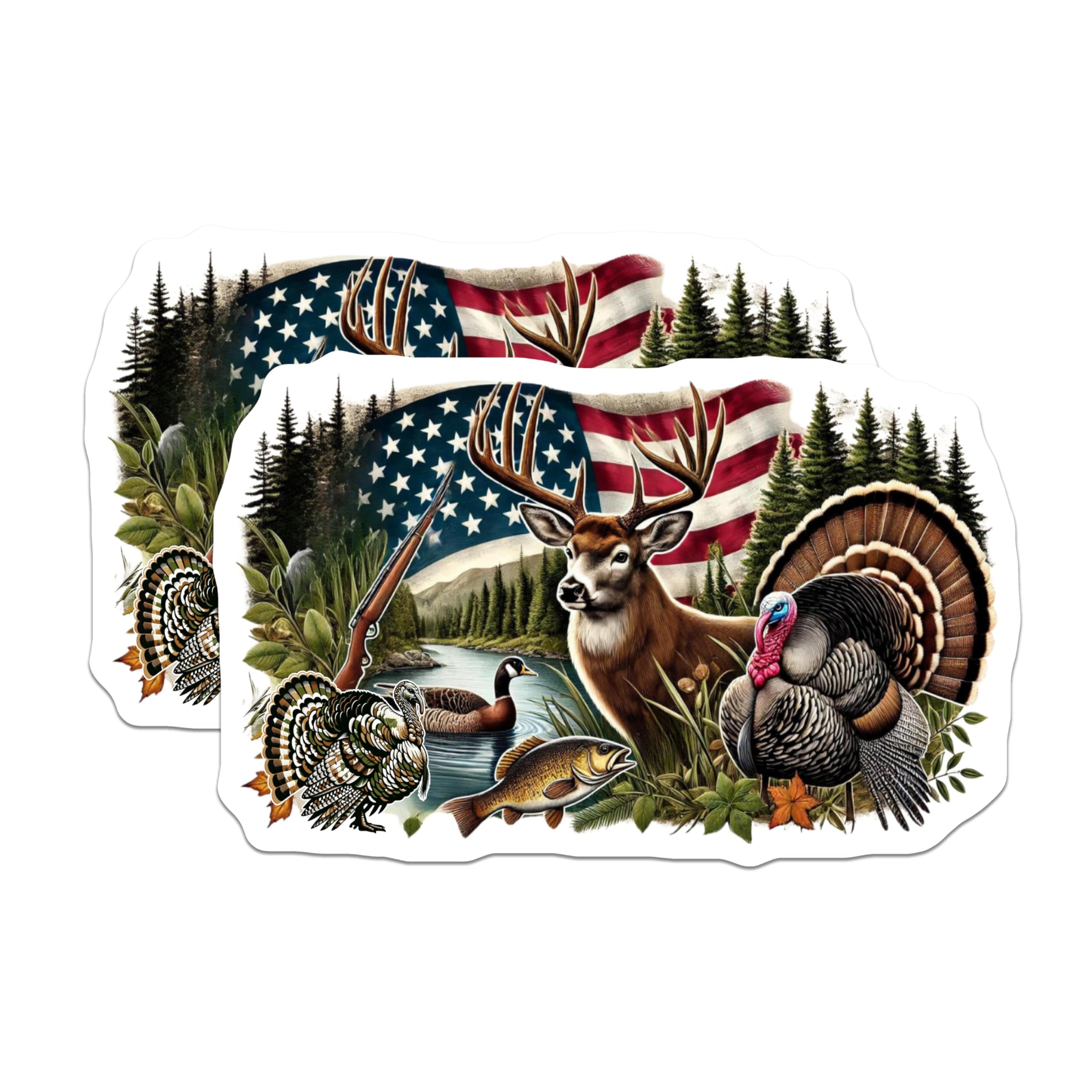 (2 Pack) Wildlife Hunting Stickers - American Flag - Deer Turkey Fish Forest - 5" On Longest Side - Sticks to Smooth Flat Surfaces - Made in USA - BMCS8656
