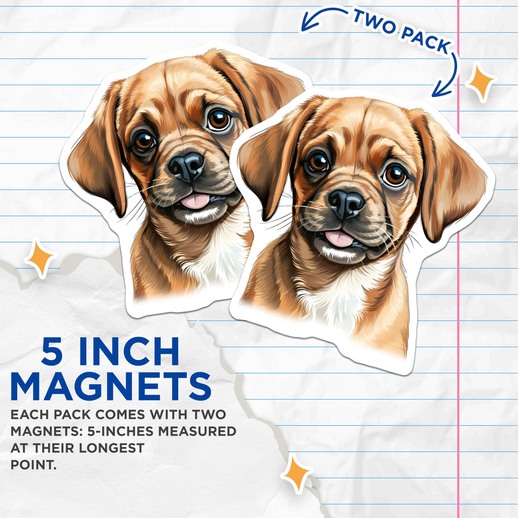 (2 Pack) Cute Puggle Puppy Magnets - Adorable Dog Portrait Decor - Animal Lover Refrigerator Accessory - 5 Inches On Longest Side - Thick Durable Magnet - Made in USA - MAG24155