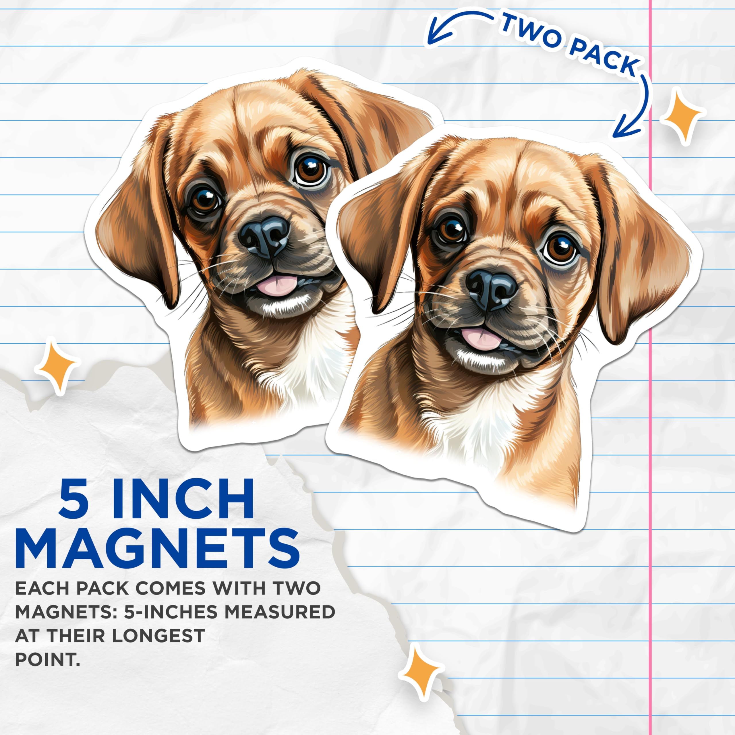 (2 Pack) Cute Puggle Puppy Magnets - Adorable Dog Portrait Decor - Animal Lover Refrigerator Accessory - 5 Inches On Longest Side - Thick Durable Magnet - Made in USA - MAG24155