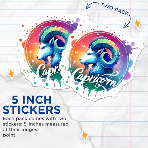 (2 Pack) Capricorn Stickers - Zodiac Sign Sticker - Astrology Art Stickers for Journals and Laptops - 5" On Longest Side - Sticks to Smooth Flat Surfaces - Made in USA - BMCS6939