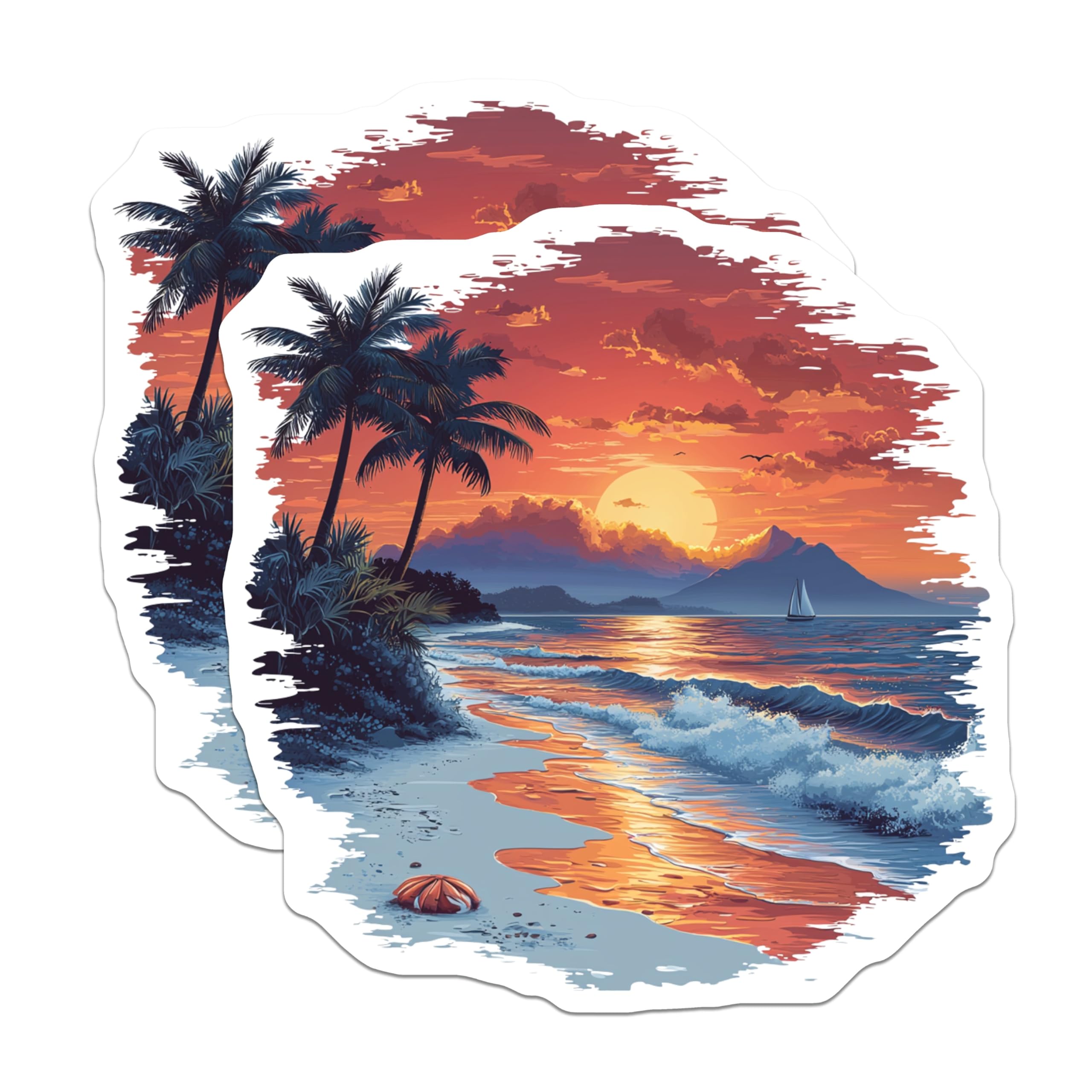 (2 Pack) Tropical Sunset Magnets - Beach Scene Ocean Waves - Palm Tree Coastal Decor - Serene Vacation Vibes Aesthetic - 5 Inches On Longest Side - Thick Durable Magnet - Made in USA - MAG25457