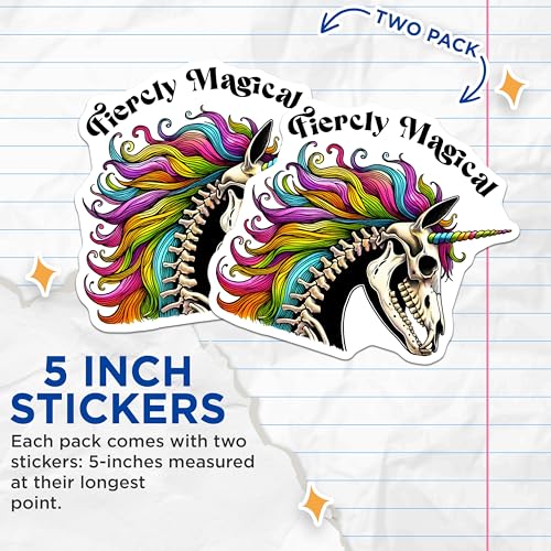 (2 Pack) Colorful Skull Unicorn Stickers - Fantasy Creature Decal - Mythical Animal Art - 5" On Longest Side - Sticks to Smooth Flat Surfaces - Made in USA - BMCS8055