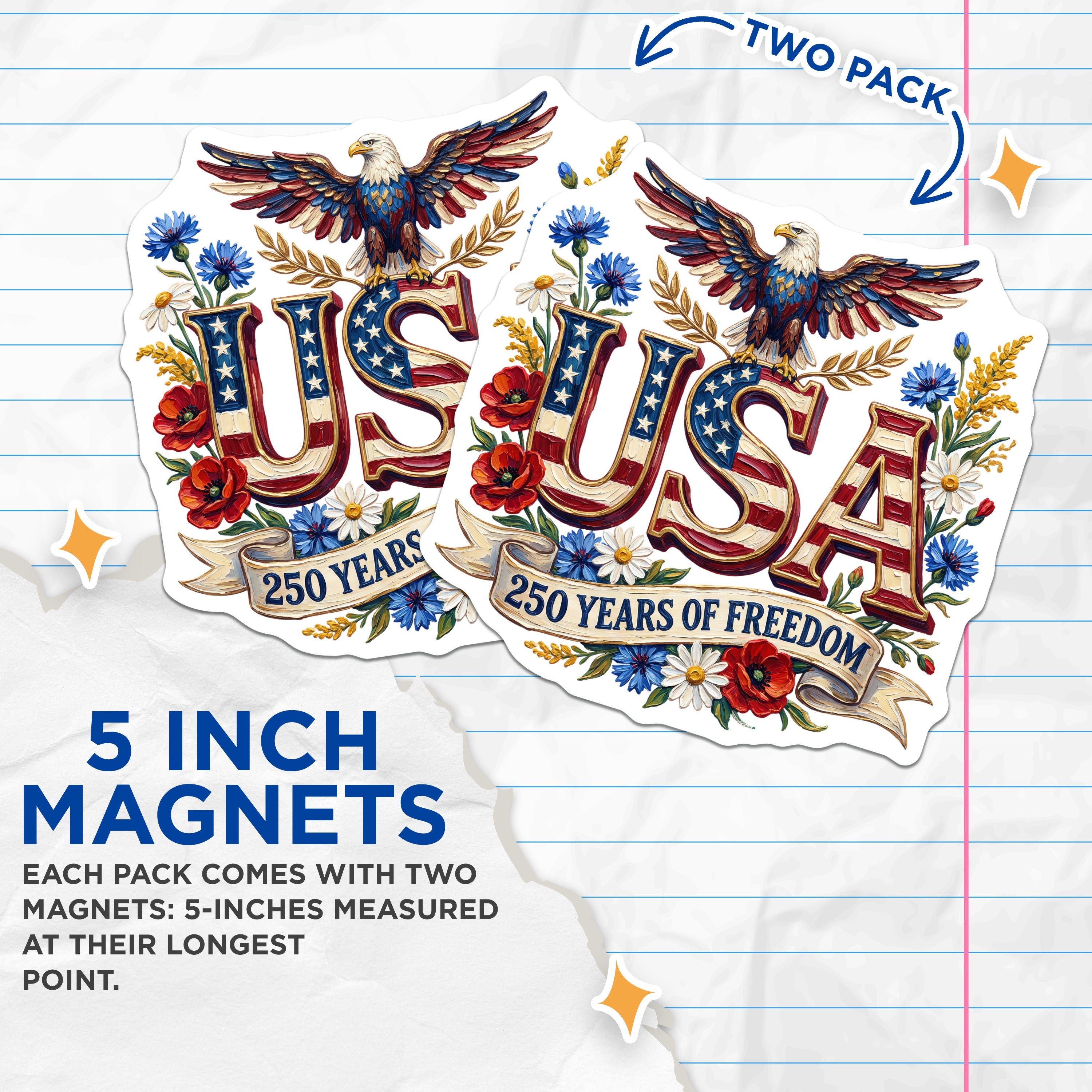 (2 Pack) Patriotic USA Magnets - American Eagle Freedom - 250 Years Independence Day Decor - 5 Inches On Longest Side - Thick Durable Magnet - Made in USA - MAG36553