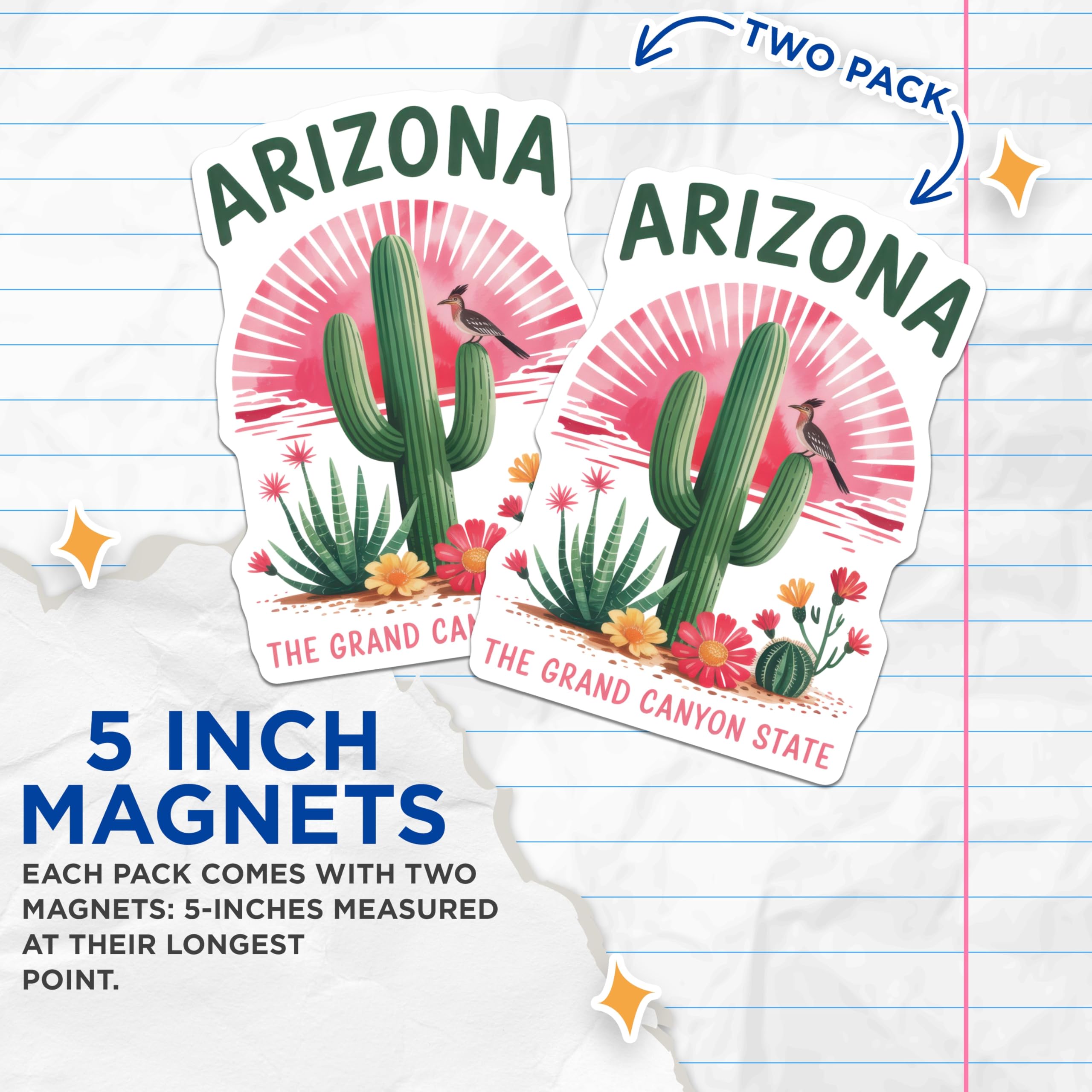(2 Pack) Arizona Magnets - Grand Canyon State Souvenir - Roadrunner Saguaro Cactus Desert Art - Southwestern Decor - 5 Inches On Longest Side - Thick Durable Magnet - Made in USA - MAG19109