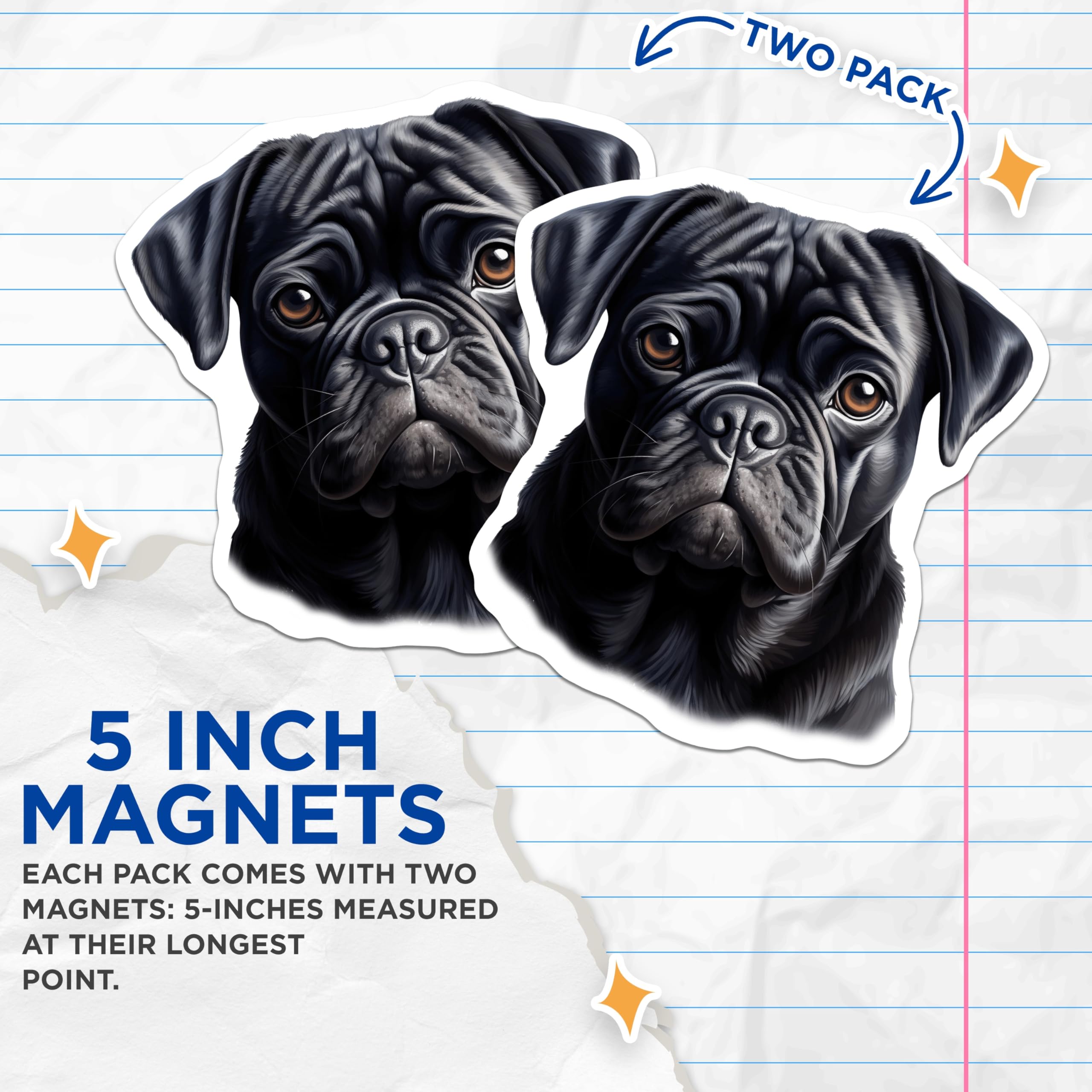 (2 Pack) Black Pug Magnets - Dog Lover Decor - Pet Animal Fridge Art - Locker Accessory - 5 Inches On Longest Side - Thick Durable Magnet - Made in USA - MAG23701
