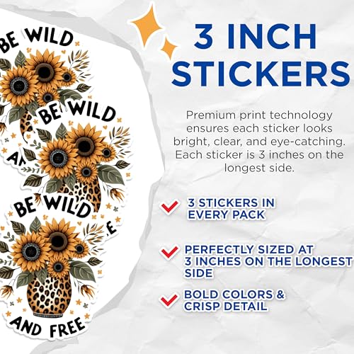(3 Pack) Sunflower Bouquet Decals - Leopard Vase Decal - Be Wild and Free Decal - 3 Inches On Longest Side - Easy Peel & Apply - Made in USA - 3MCS1697