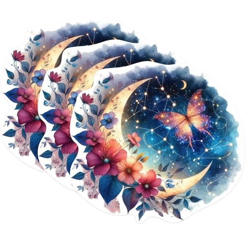(3 Pack) Butterfly Moon Decals - Floral Celestial Stickers - Boho Laptop Art - 3 Inches On Longest Side - Easy Peel & Apply - Made in USA - 3MCS1171