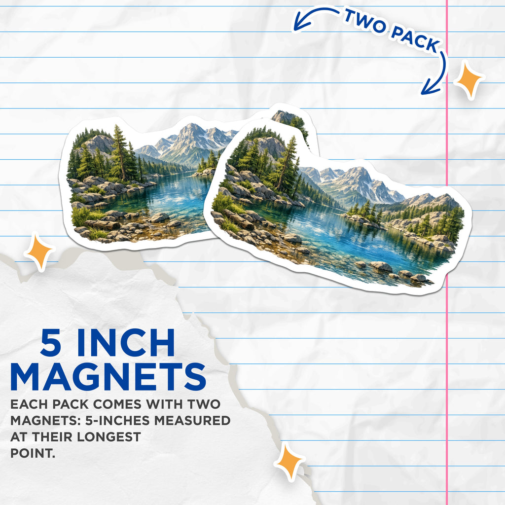 (2 Pack) Mountain Lake Magnets - Scenic Landscape Art - Wilderness Refrigerator Decor - Nature Enthusiast - 5 Inches On Longest Side - Thick Durable Magnet - Made in USA - MAG36041