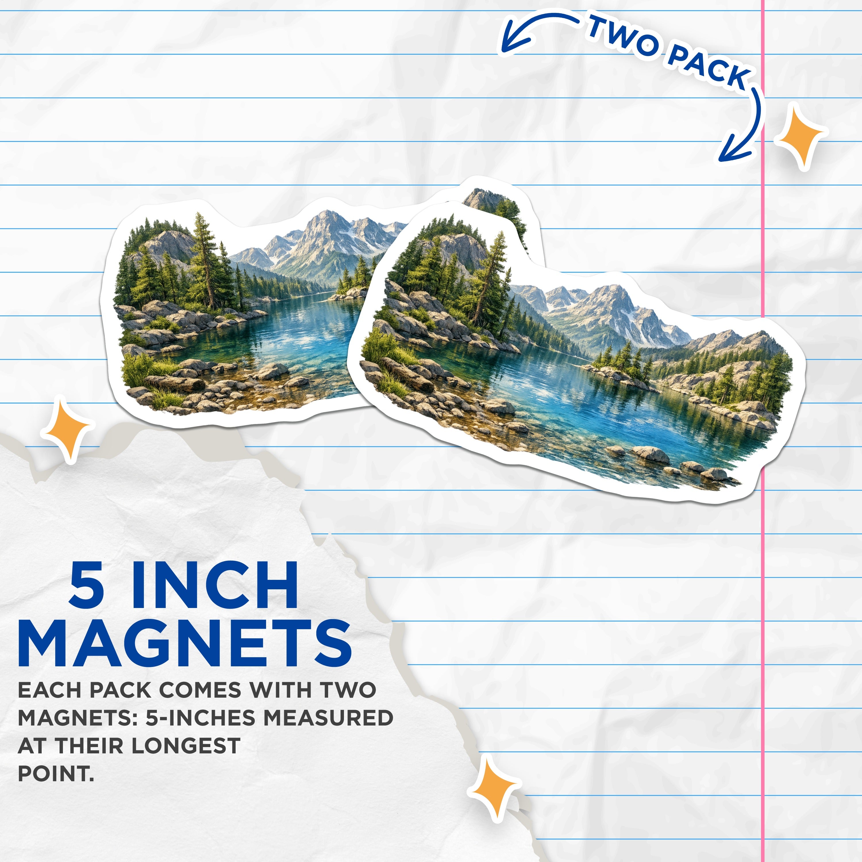 (2 Pack) Mountain Lake Magnets - Scenic Landscape Art - Wilderness Refrigerator Decor - Nature Enthusiast - 5 Inches On Longest Side - Thick Durable Magnet - Made in USA - MAG36041