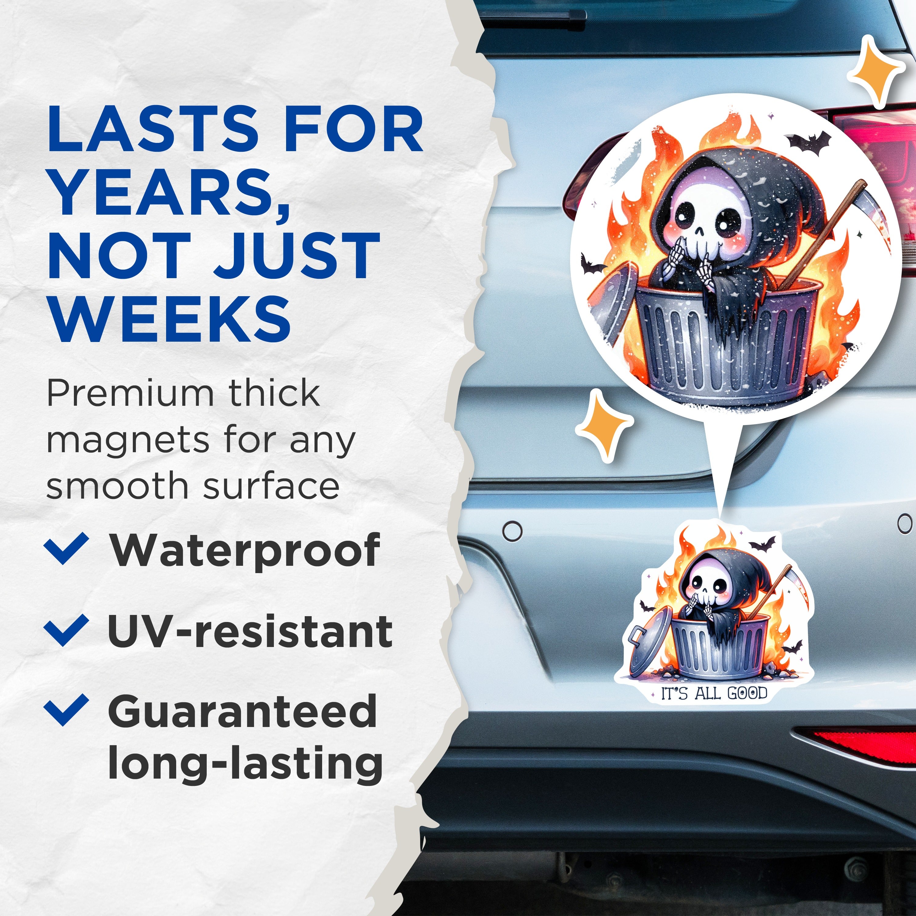 (2 Pack) Cute Grim Reaper Magnets - Dumpster Fire Humor - Spooky Refrigerator Decor - 5 Inches On Longest Side - Thick Durable Magnet - Made in USA - MAG39647