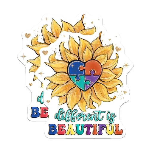 (2 Pack) Different is Beautiful Stickers - Sunflower Puzzle Stickers - Inspirational Quote Stickers - 5" On Longest Side - Sticks to Smooth Flat Surfaces - Made in USA - BMCS4154