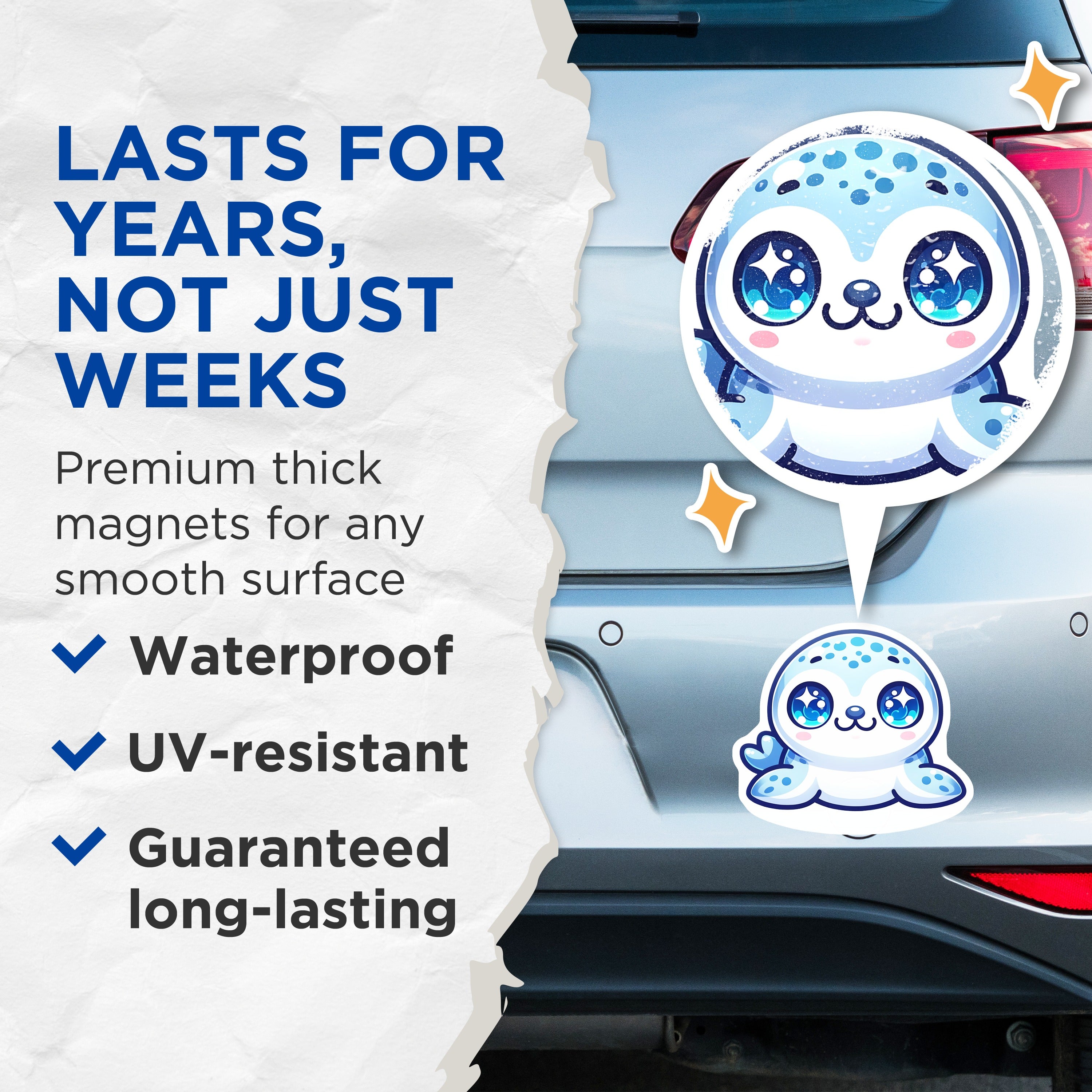 (2 Pack) Kawaii Seal Magnets - Cute Animal Decor - Refrigerator Locker Decor - 5 Inches On Longest Side - Thick Durable Magnet - Made in USA - MAG39932