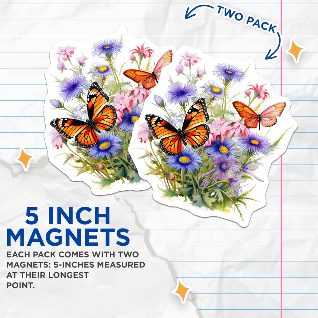 (2 Pack) Butterfly Floral Magnets - Flower Garden Decor - Decorative Refrigerator Magnets - 5" On Longest Side - Premium Magnet - for Cars, Refrigerators, Toolboxes, Lockers - Made in USA - MAG14384