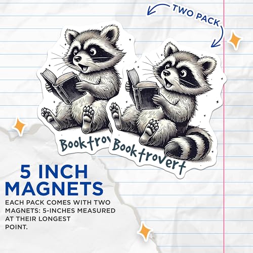 (2 Pack) Booktrovert Magnets - Cute Raccoon Art Magnets - Reading Enthusiast Decor - 5" On Longest Side - for Cars, Fridges, Toolboxes - Made in USA - MAG6867