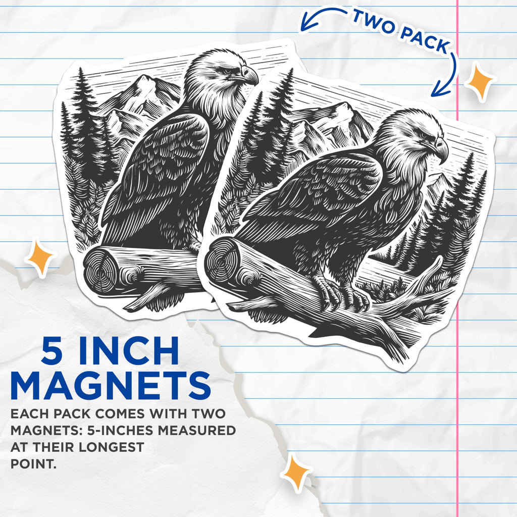 (2 Pack) Bald Eagle Wildlife Magnets - Mountain Forest Landscape Scene - Majestic Raptor Nature Home Decor - 5 Inches On Longest Side - Thick Durable Magnet - Made in USA - MAG21225
