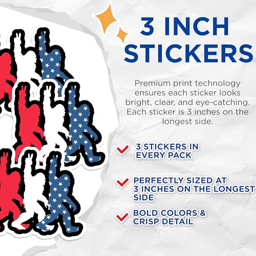 (3 Pack) Patriotic Bigfoot Decals - American Flag Yeti - Laptop Decals - 3 Inches On Longest Side - Easy Peel & Apply - Made in USA - 3MCS1220