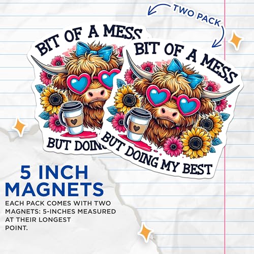 (2 Pack) Cute Animal Decor Magnet - Bit of a Mess But Doing My Best - 5" On Longest Side - Sticks to Smooth Flat Surfaces - Made in USA - MAG9872