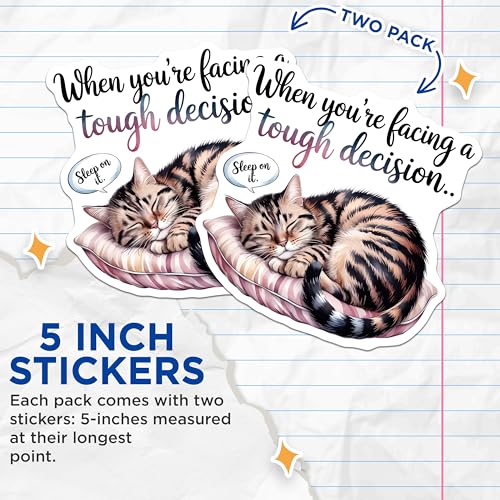 (2 Pack) Cat Inspirational Quote Stickers - When You're Facing a Tough Decision - Sleep on It - 5" On Longest Side - Sticks to Smooth Flat Surfaces - Made in USA - BMCS6069