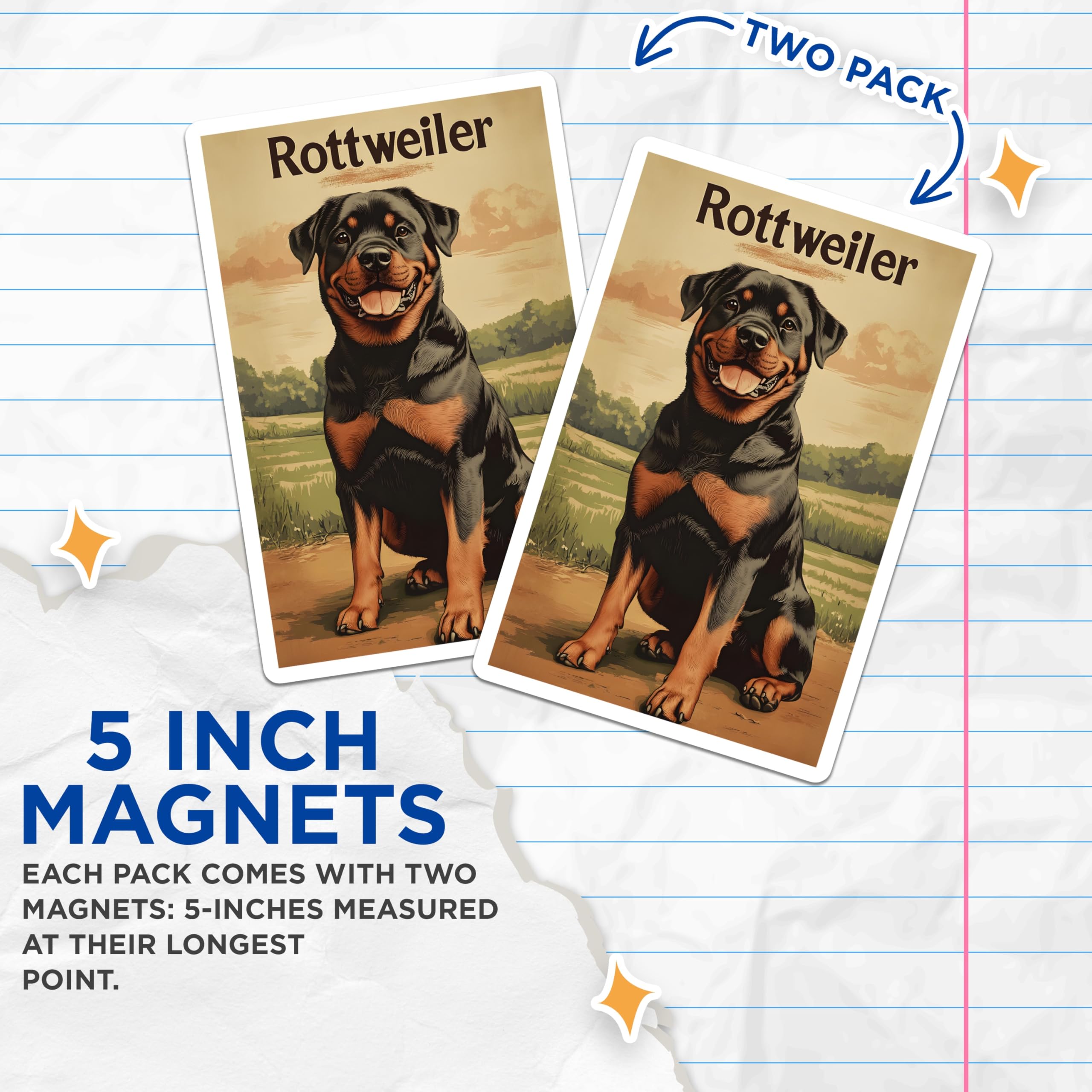 (2 Pack) Rottweiler Magnets - Cheerful Dog Breed Art - Loyal Canine Companion Display - Pet Owner Refrigerator Home Decor - 5 Inches On Longest Side - Thick Durable Magnet - Made in USA - MAG20611