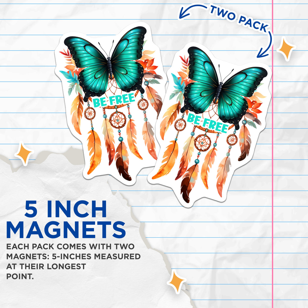 (2 Pack) Butterfly Dreamcatcher Magnets - Boho Aesthetic Decor - Be Free Inspirational Art - 5 Inches On Longest Side - Thick Durable Magnet - Made in USA - MAG39209