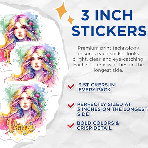 (3 Pack) Virgo Zodiac Decals - Watercolor Art Decals - Laptop Stickers- 3 Inches On Longest Side - Easy Peel & Apply - Made in USA - 3MCS5558