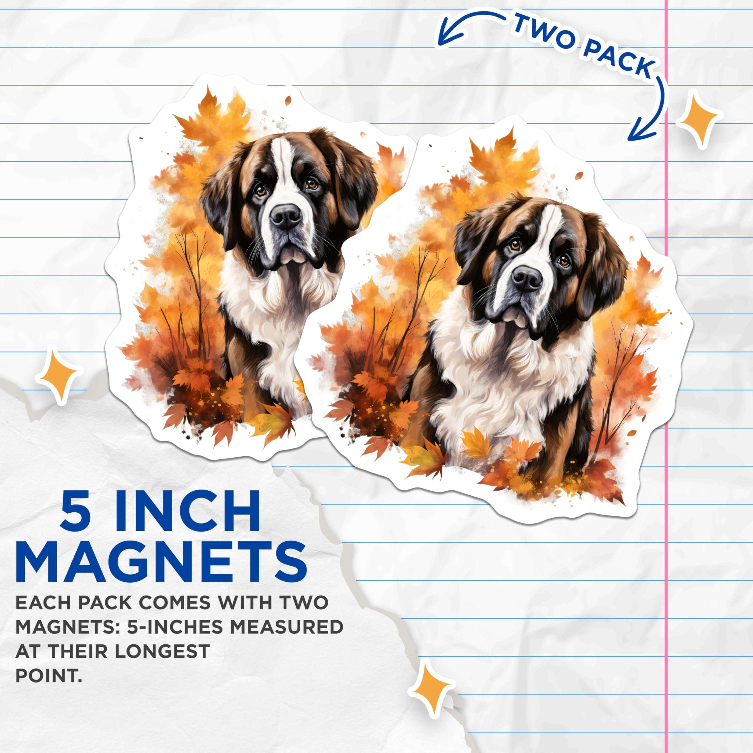 (2 Pack) Saint Bernard Magnets - Autumn Dog Lover Decor - Pet Breed Refrigerator Locker - 5 Inches On Longest Side - Thick Durable Magnet - Made in USA - MAG25825