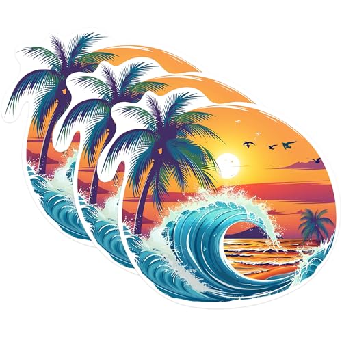 (3 Pack) Beach Wave Decals - Palm Tree Sunset - Tropical Laptop Decal - 3 Inches On Longest Side - Easy Peel & Apply - Made in USA - 3MCS0875