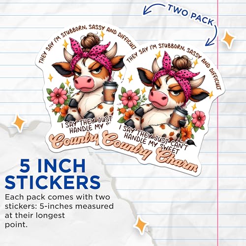 (2 Pack) Sassy Cow Stickers - Country Charm Stickers - Funny Animal Stickers - 5" On Longest Side - Sticks to Smooth Flat Surfaces - Made in USA - BMCS3781