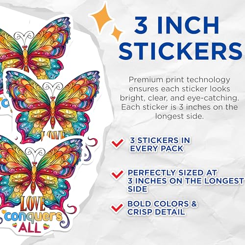 (3 Pack) Love Conquers All Decals - Butterfly Stickers - Rainbow Decal - 3 Inches On Longest Side - Easy Peel & Apply - Made in USA - 3MCS7944