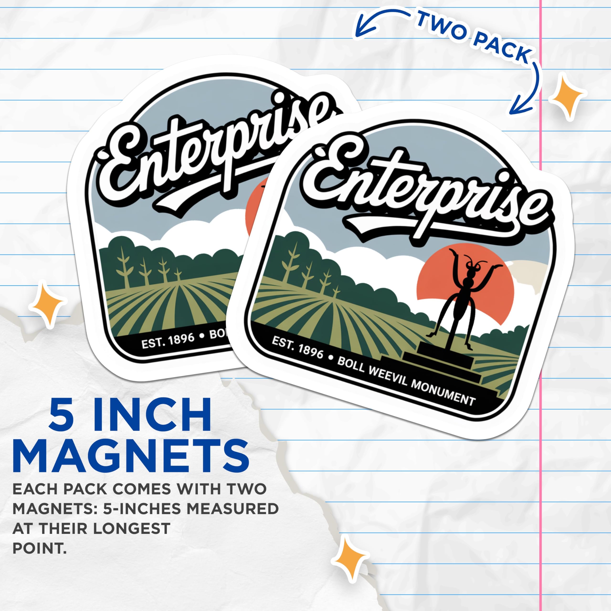(2 Pack) Boll Weevil Monument Magnets - Enterprise Alabama - Historical Decor Magnets - 5" On Longest Side - Premium Magnet - for Cars, Refrigerators, Toolboxes, Lockers - Made in USA - MAG18824