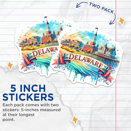 (2 Pack) Delaware Stickers - Beach Scene Art - Coastal State Decorative Decals - 5" On Longest Side - Sticks to Smooth Flat Surfaces - Made in USA - BMCS6822