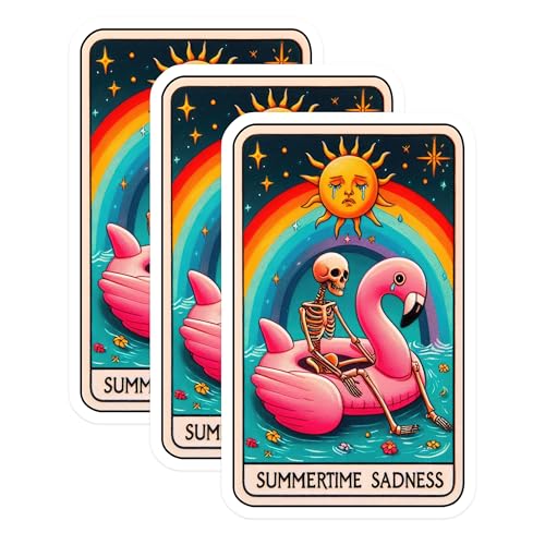 (3 Pack) Summertime Sadness Decals - Skeleton Flamingo - Rainbow Sun Laptop Decals - 3 Inches On Longest Side - Easy Peel & Apply - Made in USA - 3MCS4098