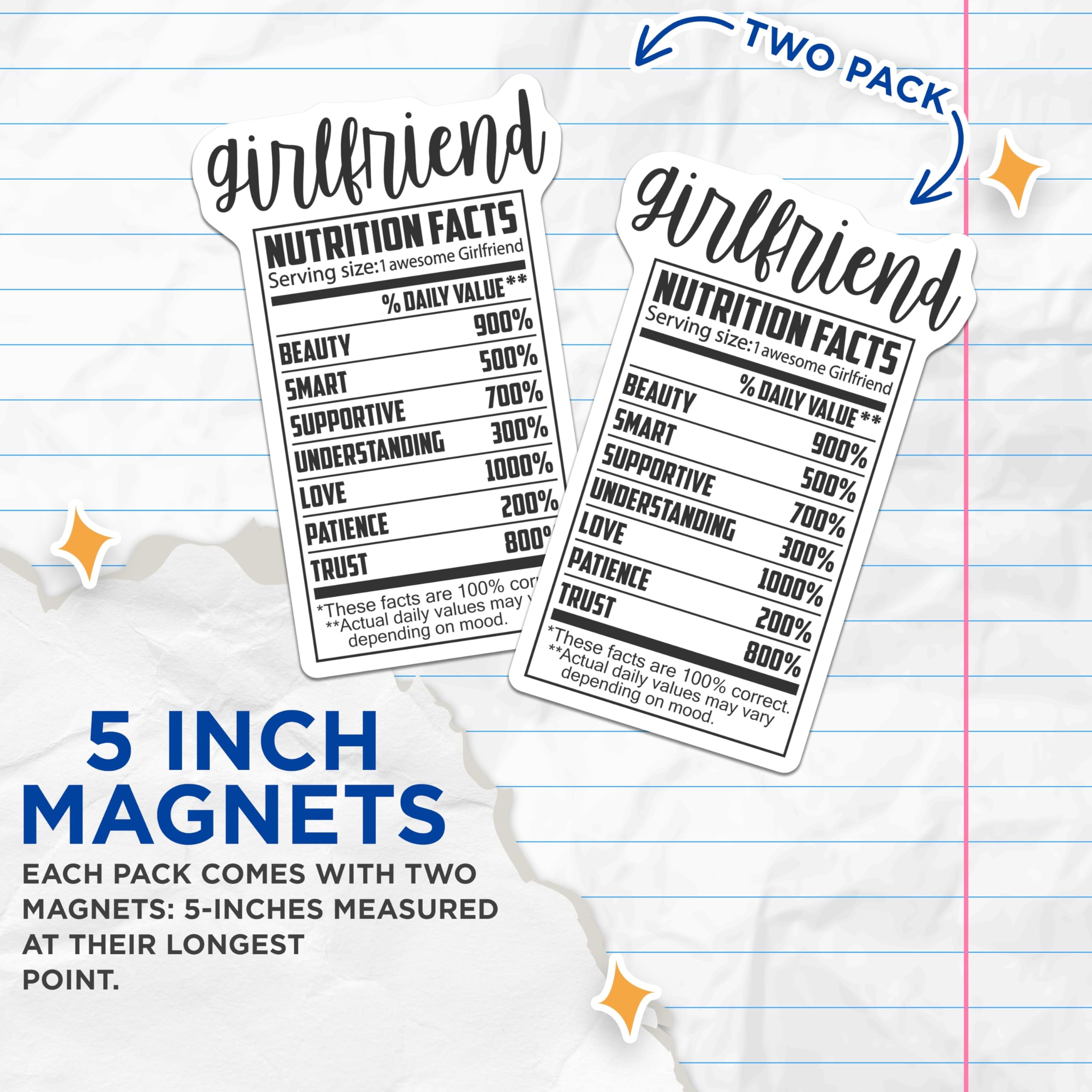 (2 Pack) Girlfriend Magnets - Funny Nutrition Facts - Cute Girlfriend Decor - 5" On Longest Side - Premium Magnet - for Cars, Refrigerators, Toolboxes, Lockers - Made in USA - MAG16419