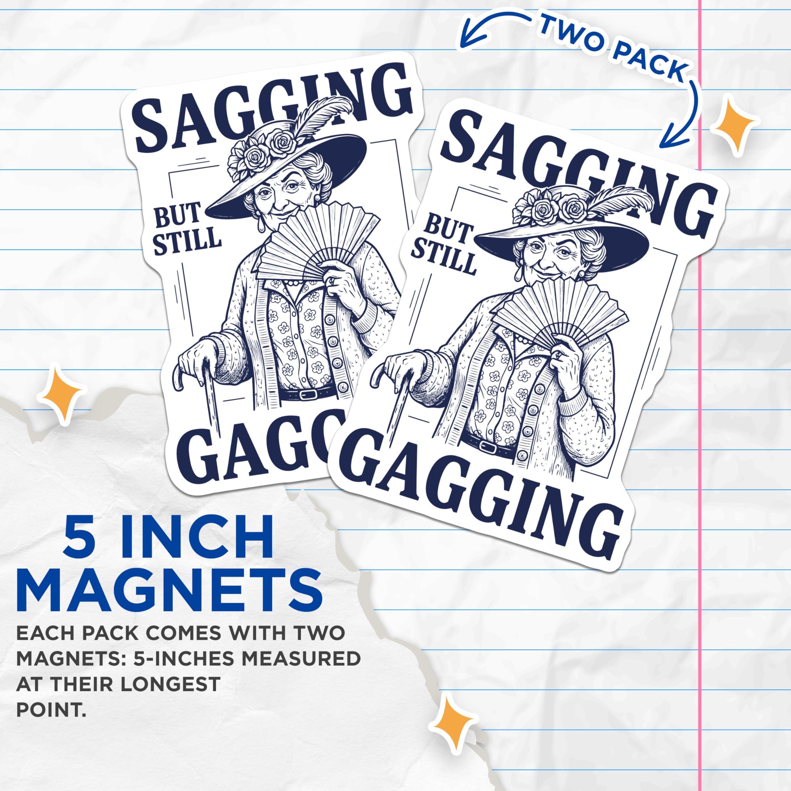 (2 Pack) Sagging Gagging Lady Magnets - Funny Old Lady - Sassy Mature Woman - 5" On Longest Side - Premium Magnet - for Cars, Refrigerators, Toolboxes, Lockers - Made in USA - MAG15513