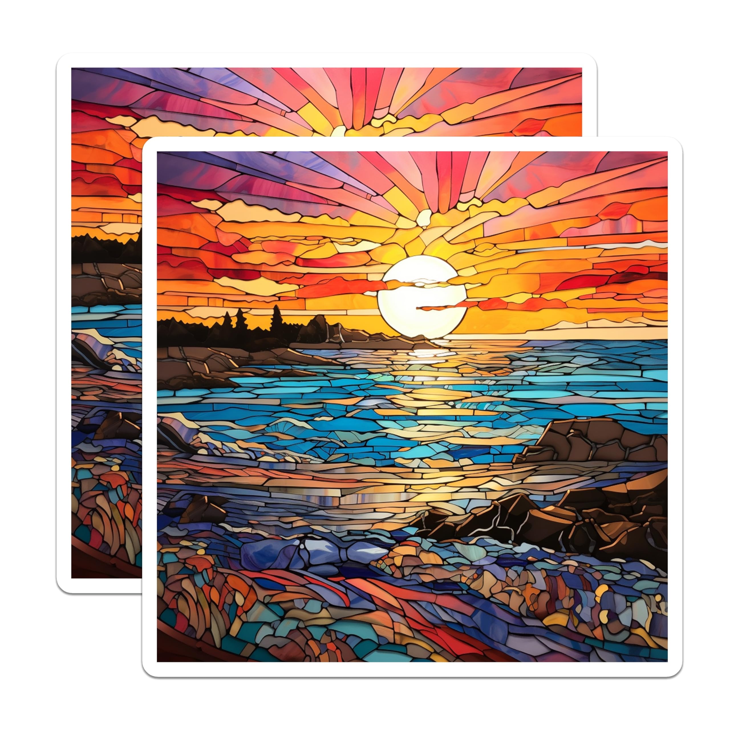 (2 Pack) Stained Glass Sunset Ocean Magnets - Vibrant Seascape Art - Coastal Home Decor Accents - 5 Inches On Longest Side - Thick Durable Magnet - Made in USA - MAG29769