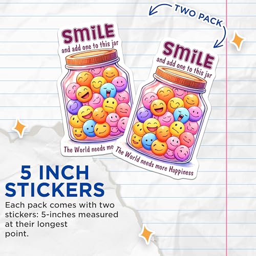 (2 Pack) Smile Stickers - Add One to This Jar - The World Needs More Happiness - 5" On Longest Side - Sticks to Smooth Flat Surfaces - Made in USA - BMCS7517